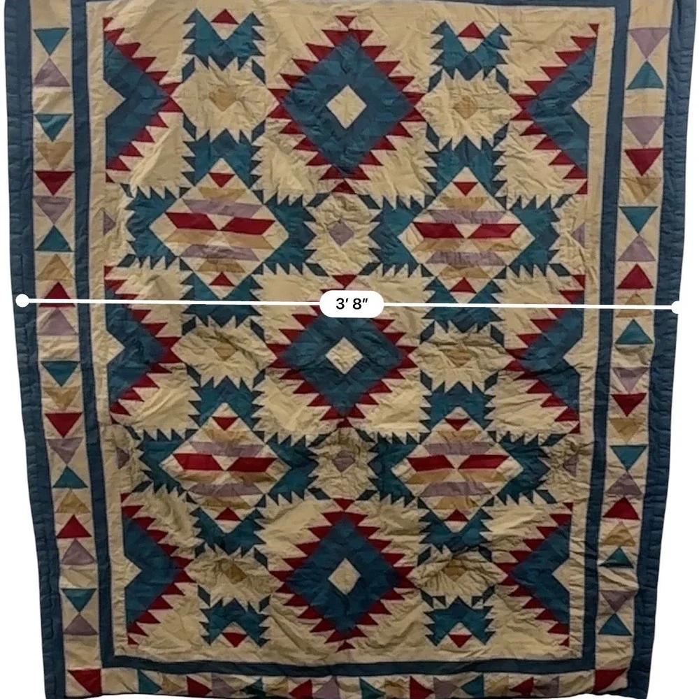 American Pacific Southwestern Geometric Cotton Quilt Wall Hanging Blue Red Tan
